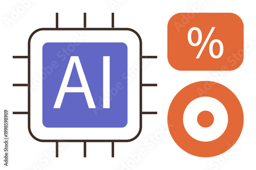 Artificial intelligence, data science, machine learning, technology, algorithms, computing efficiency. ion of AI chip with percentage and target symbols. Artificial intelligence and data science