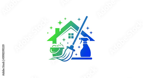 Cleaning service logo with house and tools.