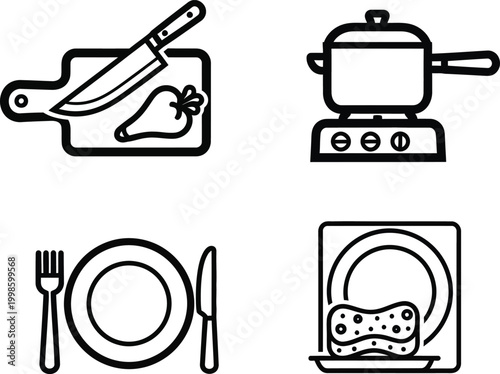 Kitchen Icons: Cooking, Eating, and Cleaning Set