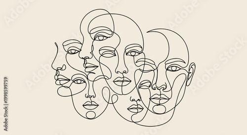 A minimalist line drawing of multiple faces in a single composition on a beige background, Generative AI.
