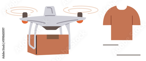 E-commerce, delivery services, online shopping, logistics, technology, innovation. quadcopter carrying a box and a clothing item nearby. E-commerce and delivery services concept