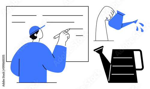 Education, personal development, sustainability, knowledge sharing, environmental stewardship, skill improvement. Person writing on board and watering plants. Education and sustainability concept