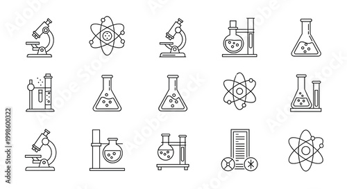 A set of science icons including microscopes beakers and atoms in a line style, Generative AI.
