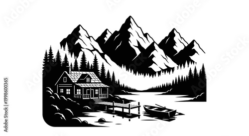 mountain cabin with lake and forest silhouette high quality professional detailed modern elegant stylish clean crisp vibrant colorful digital creative innovative