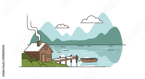 cabin by lake with mountains and boat silhouette high quality professional detailed modern elegant stylish clean crisp vibrant colorful digital creative