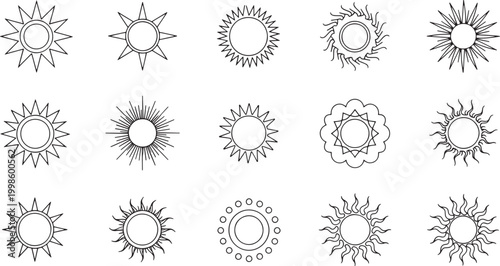 A versatile collection of detailed sun outline icons, featuring various ray patterns, starburst designs, and decorative celestial elements for diverse graphic design projects and illustrations