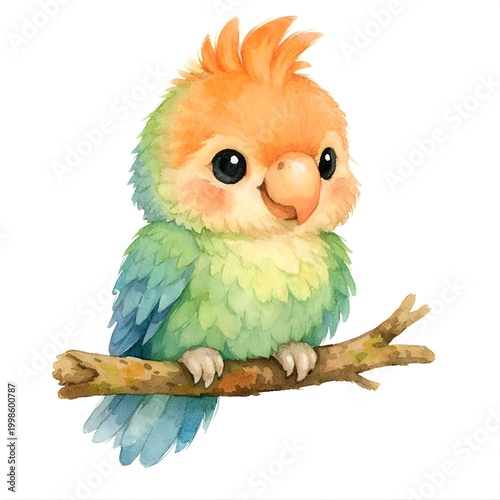 Watercolor baby Parrot bird sitting on a branch clip art isolated on white background 