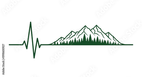 Nature's Rhythm A stylized heartbeat line seamlessly transforms into a majestic mountain landscape with evergreen trees