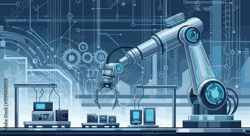 A robotic arm in a futuristic factory setting with various machines and computer screens around it on a blue background, Generative AI.