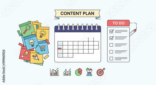 Content plan with calendar to do list and colorful notes and charts, Generative AI.
