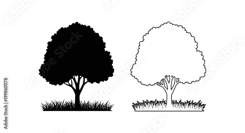tree silhouette with grass base and outline version silhouette high quality professional detailed modern elegant stylish clean crisp vibrant colorful digital