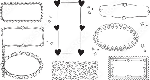 Charming hand-drawn decorative borders and frames adorned with hearts and stars, perfect for adding a touch of sweetness to any romantic or celebratory design project