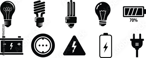 Energy sources silhouette light bulbs batteries and electrical plugs