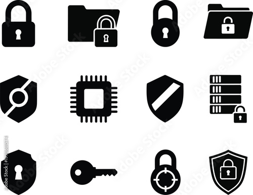 Security icons silhouette set locks shields and data protection symbols