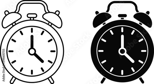 Alarm clock outline and silhouette icons time watch