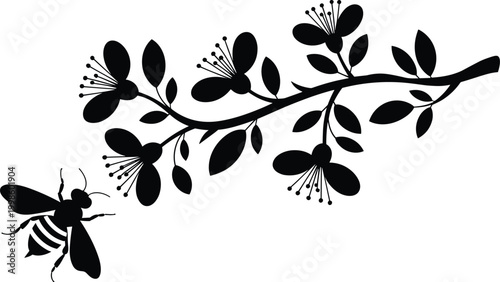 Black silhouette of a bee and flowering branch insect