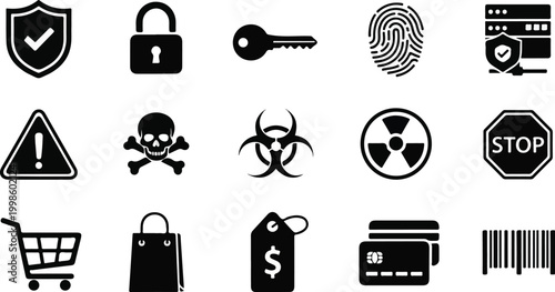 A comprehensive collection of black vector business icons and web symbols for internet services, including professional design signs for travel, car, bank, and media button sets
