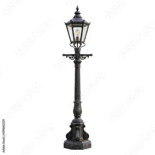Ornate black antique street lamp post with glass panes and decorative metalwork