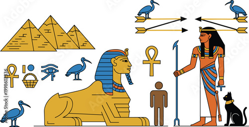 Cartoon Egyptian pyramids sphinx hieroglyphs Eye of Horus ankh birds cat and figure in cultural vector illustration