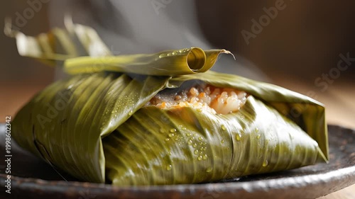 Steaming Hot Food Wrapped in Banana Leaves on a Dark Plate.