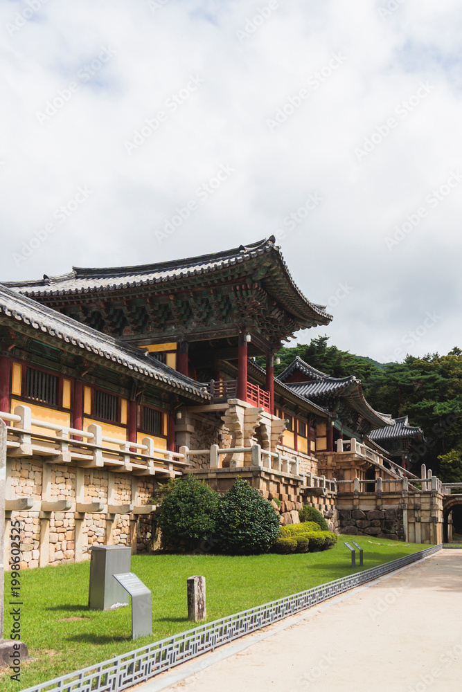 Fototapeta premium Bulguksa Buddhist Temple, Gyeongju city, South Korea, view in a sunny day, North Gyeongsang Province, Bulguksa Burimun Gate, Jinhyeon-dong, Tohamsan mountain, Yeongnam region, Gyeongju National Park