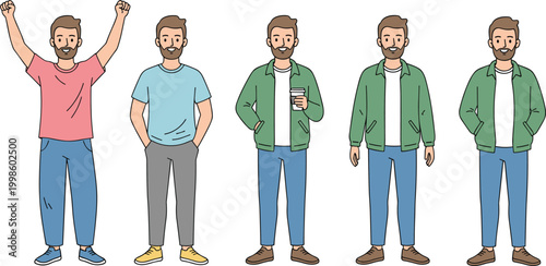 Cartoon man with beard in different outfits and poses holding coffee cup and standing in playful vector illustration