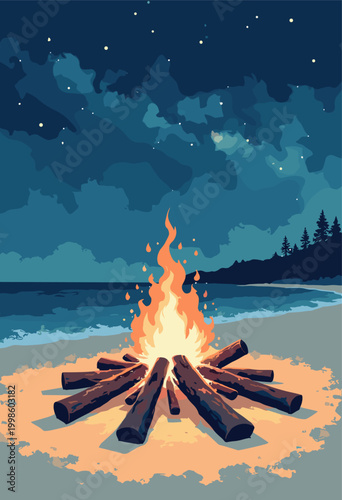 Summer solstice beach bonfire driftwood starry sky over ocean