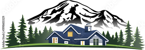 Beautiful vector illustration of a cozy house surrounded by pine trees with a majestic snowy mountain in the background
