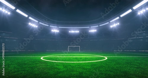 Football or soccer field at a sports stadium in foggy weather with shining floodlights and fans ready for an upcoming nighttime sports event. Loopable sports advertisement video background.