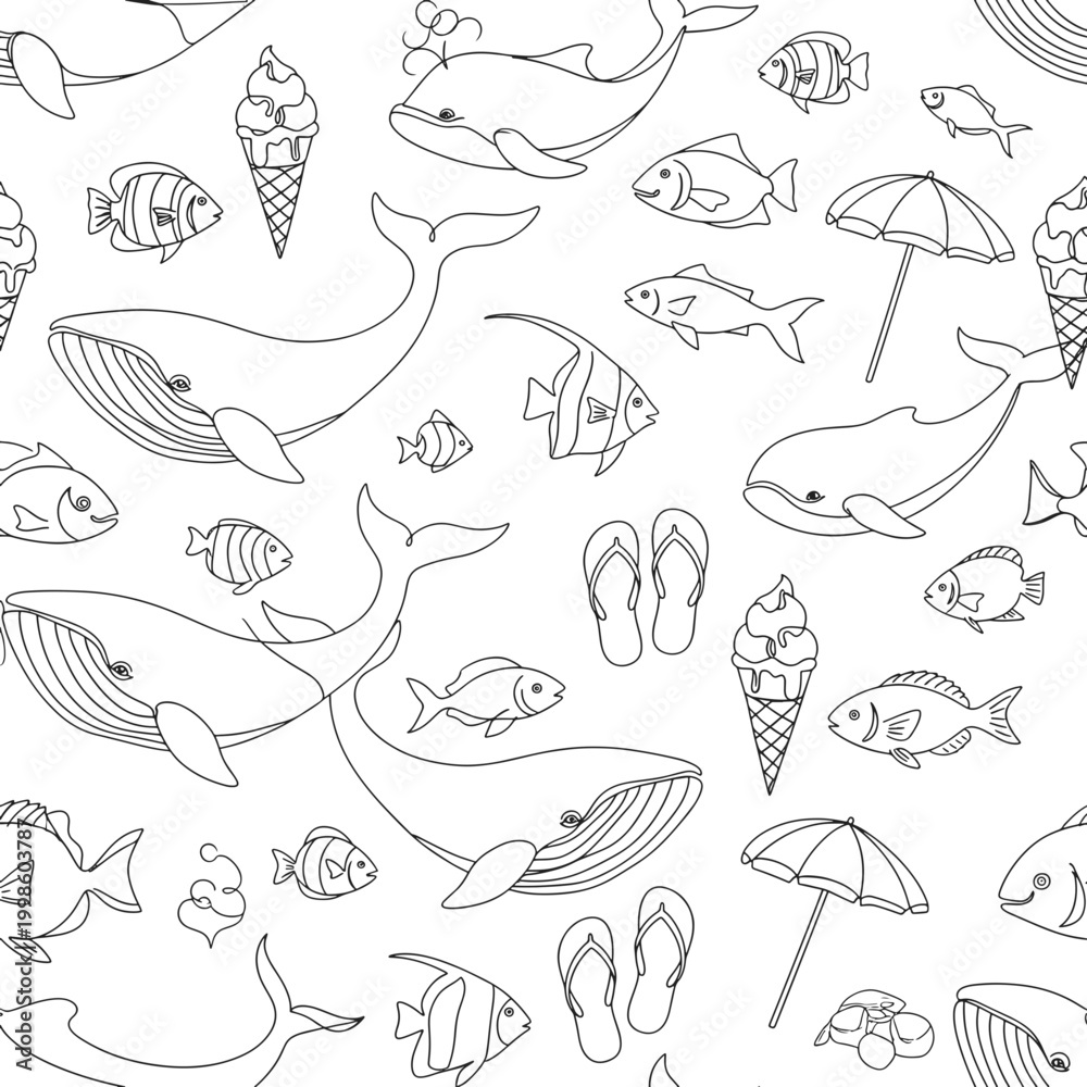 Obraz premium Whales and Fish Under Umbrellas and Ice Cream on a Beach Day