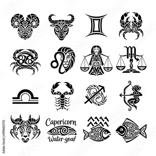 Tribal Zodiac Signs Astrology Symbols Vector Illustration