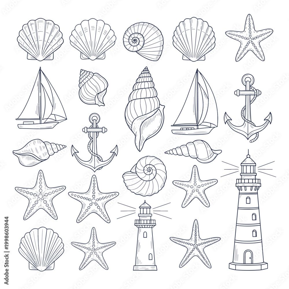 © MotionMint - Nautical Line Art Collection Featuring Seashells Starfish Sailboats Anchors and Lighthouses