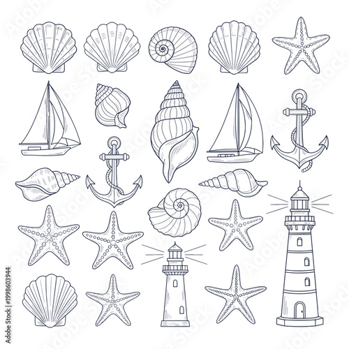 Foto Nautical Line Art Collection Featuring Seashells Starfish Sailboats Anchors and