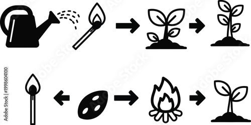 Plant Growth Cycle Icons: Watering, Seed, Fire, and Sapling Stages