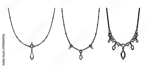 Vintage necklace set with black line illustration on white background featuring vintage jewelry, antique design, minimalist style with elegance and simplicity