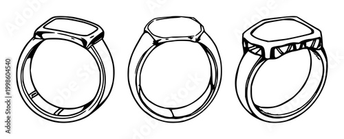 Vintage ring set with black line art on white background featuring vintage, ring, jewelry with minimalist and ornamental