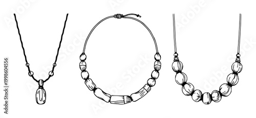Necklace set with simple wooden chain and pendant design featuring line art, black and white, illustration with jewelry and accessories