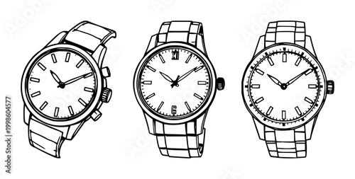 Retro watch design set with black line art on white background featuring watch, timepiece, analog with vintage and minimalist illustration