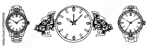 Silver watch set with black line art on white background featuring black line art, silver, ornate with watchband and timekeeping