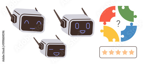 Artificial intelligence, customer service, usability testing, user feedback, problem-solving, digital tools. Three chatbot faces with puzzle pieces and rating stars. AI and customer service concepts