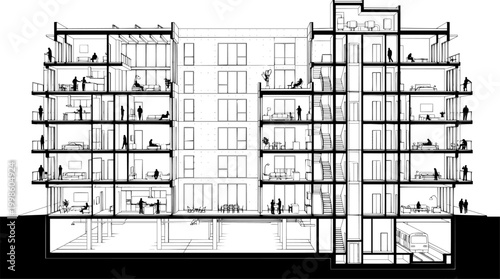 Architectural cross section drawing of a modern multi story residential building with detailed interior and exterior