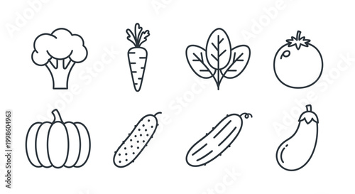 Vegetables line art illustrations set.