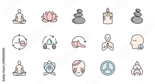 Various meditation and yoga symbols icons.