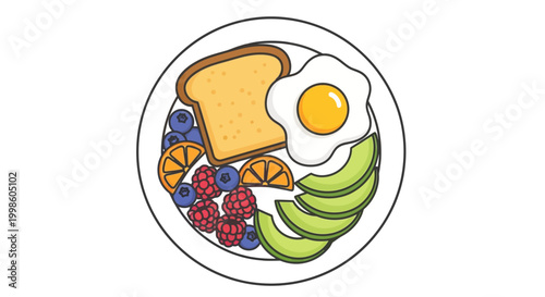 Breakfast plate with egg toast fruit.
