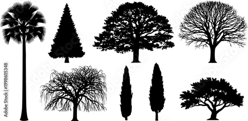 Collection of diverse black silhouette trees against a white background representing a forest or woodland scene