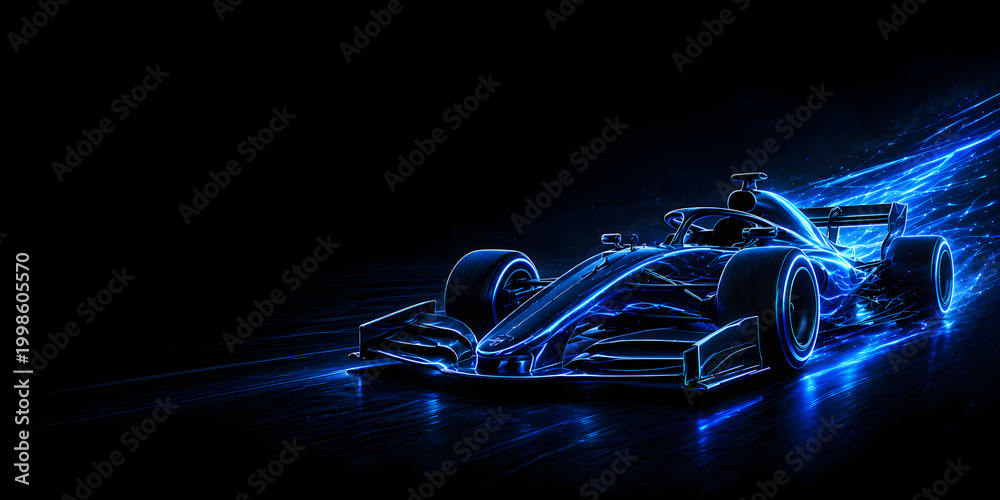 Obraz premium Futuristic Blue Neon Open Wheel Race Car Banner