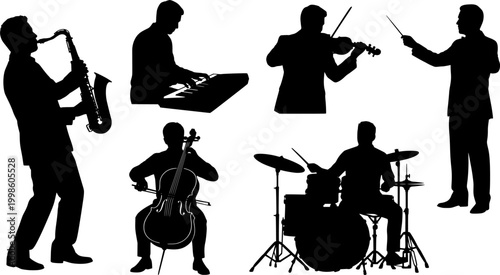 Silhouettes of classical orchestra musicians playing violin, cello, trumpet, piano, and harp on a white background