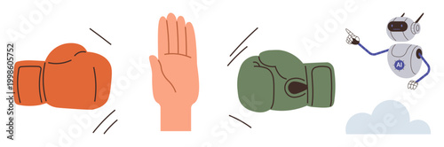 Conflict resolution, human vs technology, artificial intelligence, decision-making, sports metaphor, innovation. Boxing gloves, hand gesture and a pointing robot. Human vs technology and conflict