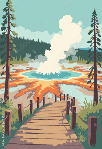 Vintage Yellowstone geyser basin boardwalk steaming hot springs poster