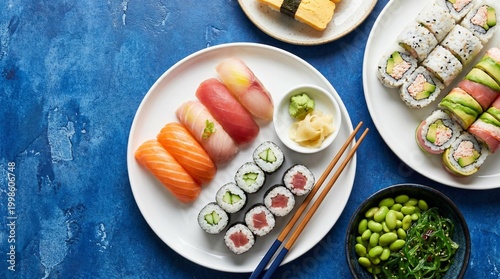Vibrant sushi platter with nigiri, maki rolls, and fresh edamame on blue background